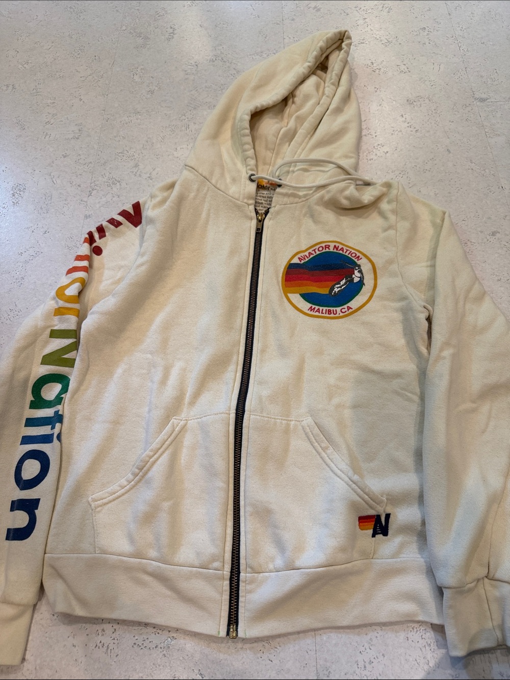 Aviator Nation  Cream Zip Hoodie with Rainbow Sleeve Logo